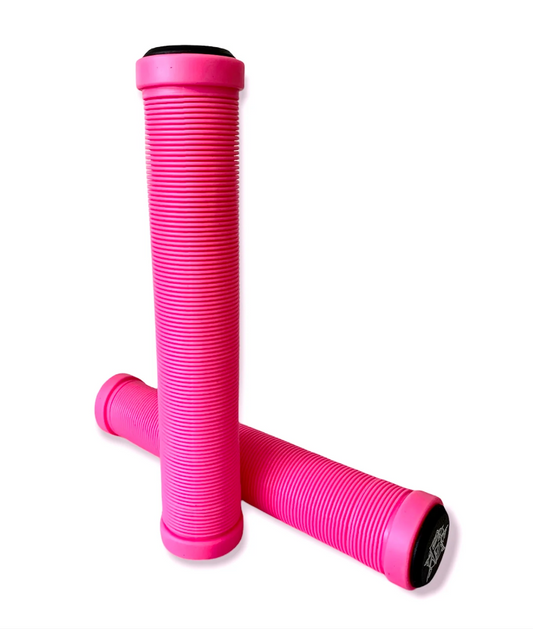 Two Revolution Pink Stunt Scooter Grips, measuring 172mm and constructed from premium TPR, are displayed against a plain white background. One grip is positioned vertically and the other horizontally, highlighting their sleek design.