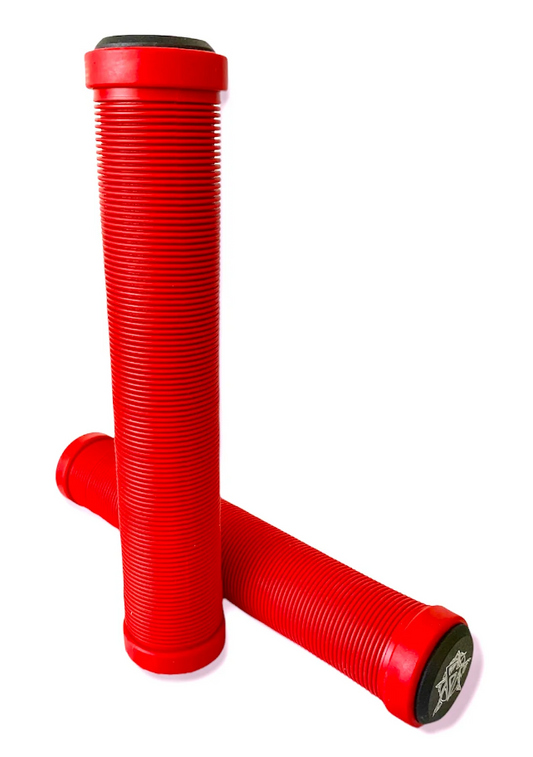 The Revolution Red Stunt Scooter Grips, featuring high-grade TPR for a soft grip feel, come in a pair with one grip upright and the other horizontal. Each 172mm handlebar grip has a black cap with the Revolution logo on the end, making them ideal for those seeking dependable stunt scooter grips.