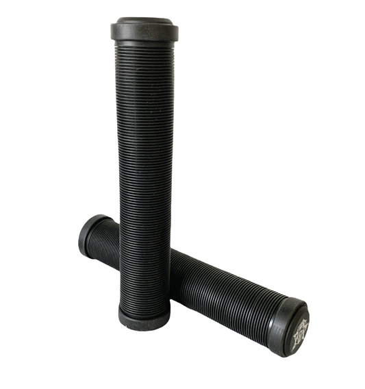 Set against a white background, the Revolution Black Stunt Scooter Grips - 172mm by Revolution are crossed over each other. These cylindrical grips feature slightly raised caps at each end and provide exceptional comfort and durability for your ride with their super soft ribbed TPR design.