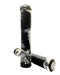 The Revolution Fused Black / White Stunt Scooter Grips - 172mm from Revolution showcase a black and white marbled pattern with ribbed textures, perfect for revolutionizing your ride. One grip stands upright while the other lies horizontally, both featuring logos on the end caps that evoke high-performance stunt scooter grips.