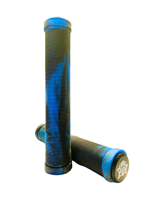 The Revolution Fused Black / Blue Stunt Scooter Grips - 172mm feature two grips crafted from super soft TPR material for optimal comfort and are designed with a textured surface to enhance grip. One grip stands upright while the other lies horizontally, each proudly showcasing a star emblem on the end caps—perfect for stunt scooter enthusiasts seeking reliable performance from Revolution.