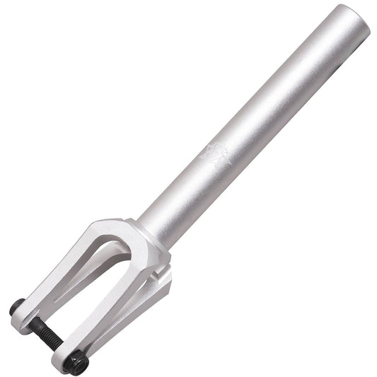 The Revolution Mutiny IHC Stunt Scooter Fork - Chrome by Revolution is expertly crafted from aircraft-grade aluminum and boasts a sleek metallic finish. Its design includes a cylindrical stem, twin prongs, and high-tensile axle bolts for wheel attachment, making it ideal for freestyle or kick scooters.