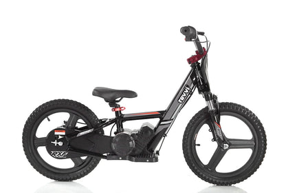 The Revvi 16" Plus Kids Electric Balance Bike - Black from Revvi features a sleek black frame with striking red accents and robust black tires. Its BMX-style handlebar pairs well with the compact electric motor, providing a contemporary and sporty appearance ideal for young riders looking to develop their skills on this outstanding balance bike.