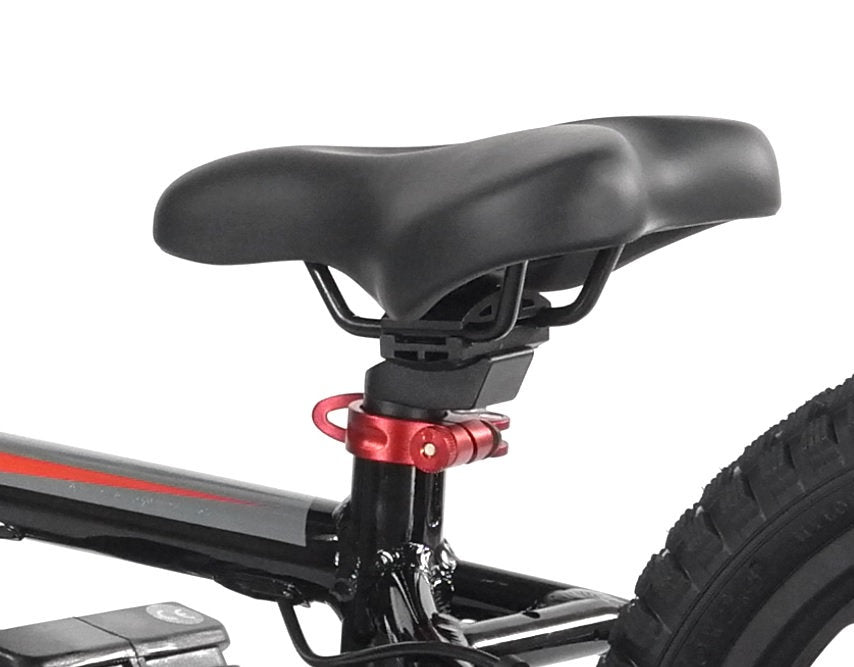 A close-up of a bicycle seat attached to a sleek black frame features a red clamp reminiscent of the Revvi 16" Plus Kids Electric Balance Bike by Revvi. The edge of the bike tire is visible on the right, capturing the essence of innovative rides.