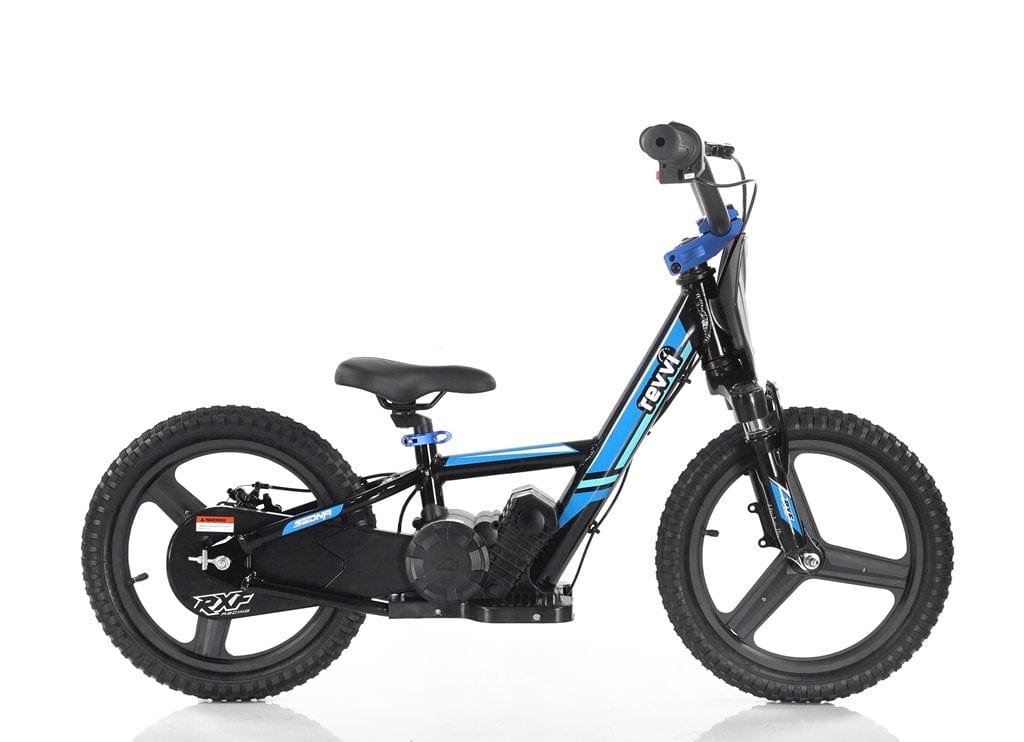 The Revvi 16" Plus Kids Electric Balance Bike in blue is a sleek, modern children's bicycle featuring a thick frame and black tires. It has a pedal-less design and prominently displays the "Revvi" brand name on the frame, all set against a white background.