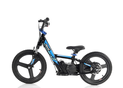 Introducing the Revvi 16" Plus Kids Electric Balance Bike in Blue, a sleek model featuring a black frame accented with blue and equipped with large tires. This lightweight electric bike includes a padded seat, minimalist handlebars, and a compact motor, all highlighted against a pristine white background.