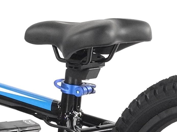 A close-up of a seat and rear part on the Revvi 16" Plus Kids Electric Balance Bike reveals the black seat mounted on a blue seat post clamp. This super light electric motor bike, designed by Revvi, features a dark frame accented with a blue stripe, while the back tire and part of the rear fender are distinctly visible.