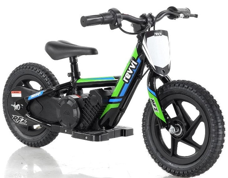 Introducing the Revvi 12" Kids Electric Balance Bike in Green, featuring a sturdy and lightweight design ideal for adventurous young riders. This bike comes with chunky tires, training wheels, and a twist throttle. The frame and handlebars proudly display the "Revvi" branding.