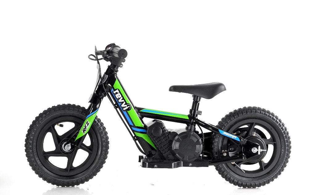 The Revvi 12" Kids Electric Balance Bike in green features a small frame adorned with the "Revvi" logo, perfect for off-road escapades. With thick tires, a padded seat, and handlebars, this lightweight bike includes a twist throttle and is showcased on a plain white background.