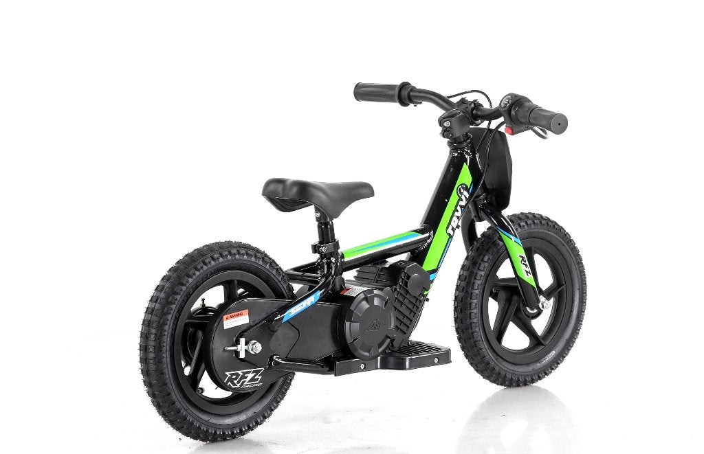 The Revvi 12" Kids Electric Balance Bike in green is a compact and stylish choice for young riders. It features thick tires, a comfortable seat, and sturdy handlebars. With its sleek frame design and twist throttle for easy control, this lightweight bike is designed to provide an excellent riding experience. Additionally, a small kickstand is included for support when the bike is not in motion.