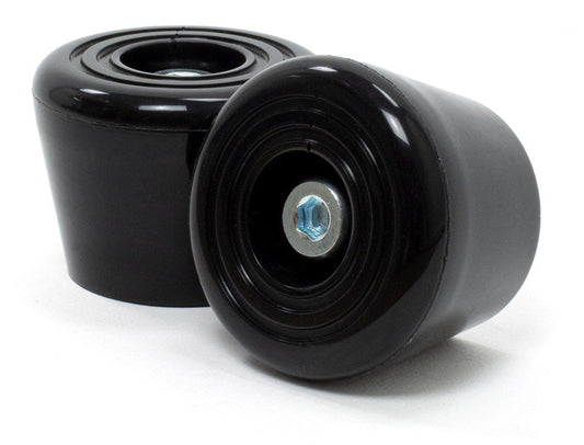 Introducing the Rio Roller Toe Stops in black, featuring two cylindrical rubber feet with metal inserts. Ideal as stabilizers or bumpers for furniture or equipment, these toe stops from Rio Roller boast a smooth surface with the durable metal part visible at the center, enhancing both durability and performance.