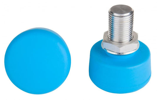 Two blue Rookie Adjustable Roller Skates Toe Stops from the brand Rookie, designed in a smooth, rounded shape to protect or cover the ends of cylindrical objects with precision and control, reminiscent of caps covering a metal threaded bolt.