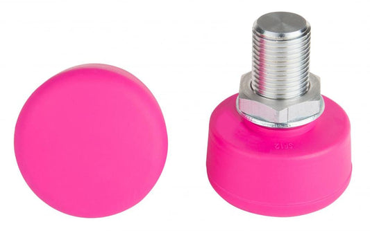 The image features a pair of pink rubber Rookie Adjustable Roller Skates Toe Stops. One is displayed with its rounded top facing upward, while the other is positioned upright to highlight the metal threaded bolt at its base for secure attachment. Designed by Rookie, these toe stops offer skaters precise and stylish controlled stops.