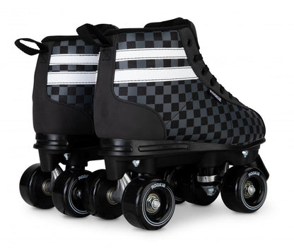 The Rookie Magic V2 Quad Roller Skates in Black Checker, crafted by Rookie, are made from vegan-friendly materials and showcase a stylish checkerboard pattern with two distinctive white side stripes. Ideal for beginner skaters, they feature black wheels and chunky soles, arranged with one skate slightly ahead of the other.