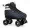 The Rookie Magic V2 Quad Roller Skates in Black Checker are ideal for beginner skaters, featuring a stylish black and gray checkered pattern with white stripes and the "Rookie" brand on the side. These vegan-friendly skates come equipped with four black wheels and a black toe stop.