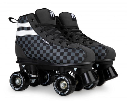 The Rookie Magic V2 Quad Roller Skates in Black Checker feature a stylish black and gray checkerboard pattern with white stripes, complemented by black wheels and a high-top design. Ideal for beginner skaters, these vegan-friendly skates prominently showcase the "Rookie" label on the side.