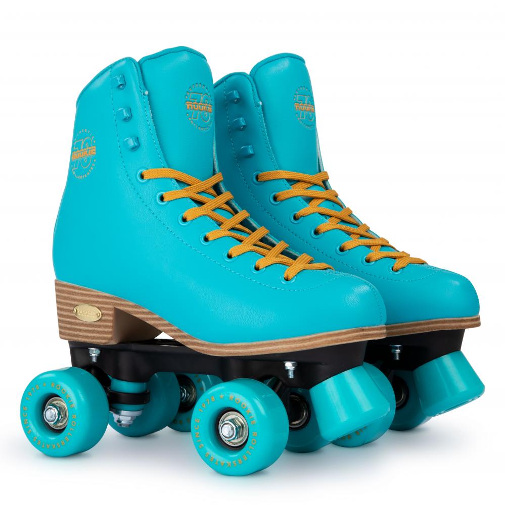 Introducing the Rookie Classic 78 Quad Roller Skates - Blue: a vegan-friendly pair of turquoise skates adorned with orange laces and light wood accents. These skates showcase a retro design and feature branding on the sides, complete with matching turquoise wheels and toe stops for that classic flair.