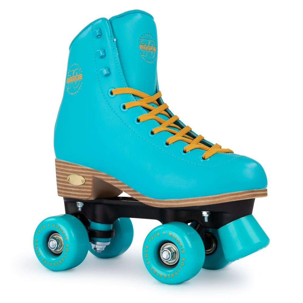 Presenting the Rookie Classic 78 Quad Roller Skates - Blue from Rookie, featuring a turquoise design with yellow laces and matching wheels. This vegan-friendly pair boasts a retro boot style with a wooden heel, enhanced by a metal plate and front stoppers for an effortless ride.