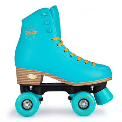 A lively blue quad roller skate with wooden soles and a black base, adorned with yellow laces and blue wheels, showcases the stylish Rookie Classic 78 design. The Rookie brand name is embossed on the side in yellow, making it a vegan-friendly option for eco-conscious skaters.