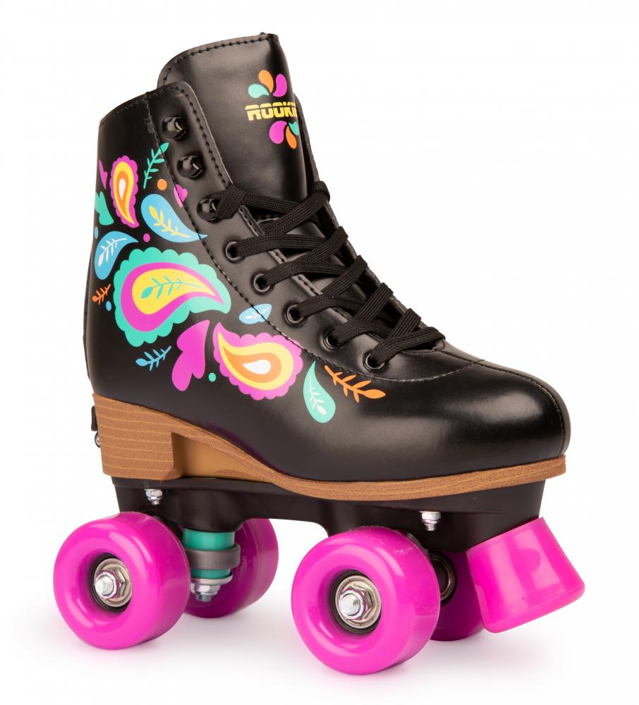 Introducing the Rookie Carnival Adjustable Quad Roller Skates in Black. These skates feature a sleek black design adorned with vibrant floral patterns and pink wheels. Crafted with a vegan-friendly synthetic padded boot, they ensure optimal comfort while offering both style and performance.