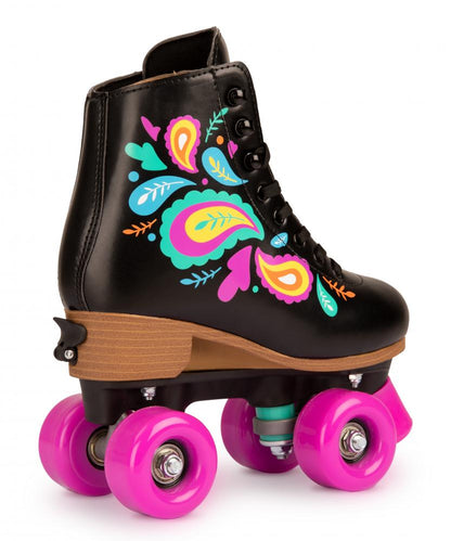 The Rookie Carnival Adjustable Quad Roller Skates - Black by Rookie showcase vibrant pink wheels and a colorful paisley design with green, pink, and orange elements. These vegan-friendly skates feature black laces, a wooden heel, and a synthetic padded boot for superior comfort.