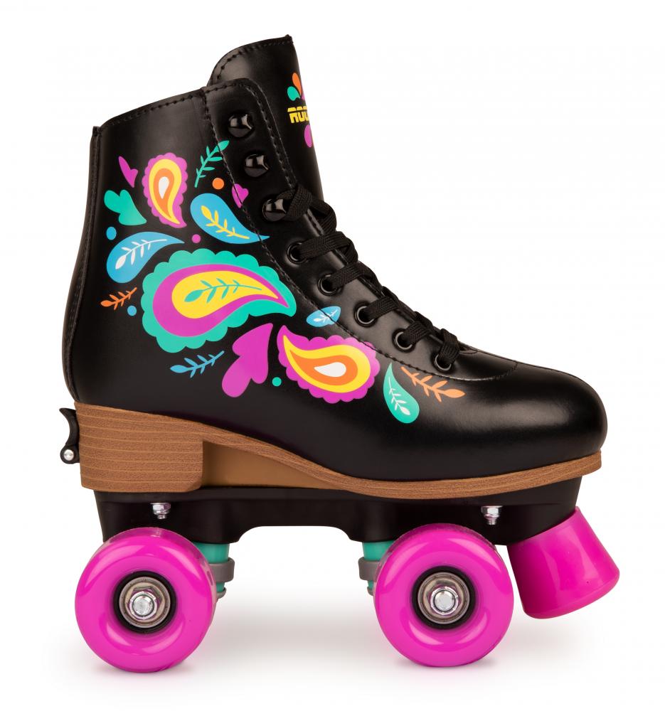 The Rookie Carnival Adjustable Quad Roller Skates - Black, by Rookie, are vegan-friendly skates adorned with vibrant floral designs in pink, blue, yellow, and green. They feature a synthetic padded boot ensuring comfort and a brown sole complemented by bright pink wheels—making them a chic choice for anyone looking for stylish adjustable quad skates.