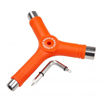 Introducing the Rookie Roller Skate Multi Tool in vibrant orange, specifically designed for skateboards and roller skates. It includes three protruding socket wrenches and a detachable L-shaped Allen key with a screwdriver head. Ideal for maintenance, the tool prominently features the "Rookie" logo at its center.