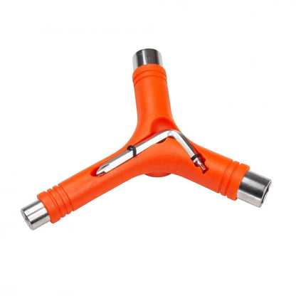 Introducing the Rookie Roller Skate Multi Tool in orange, a Y-shaped multitool designed specifically for roller skates. It features three metallic sockets and includes a small foldable metal tool at its center, making it ideal for maintenance tasks.