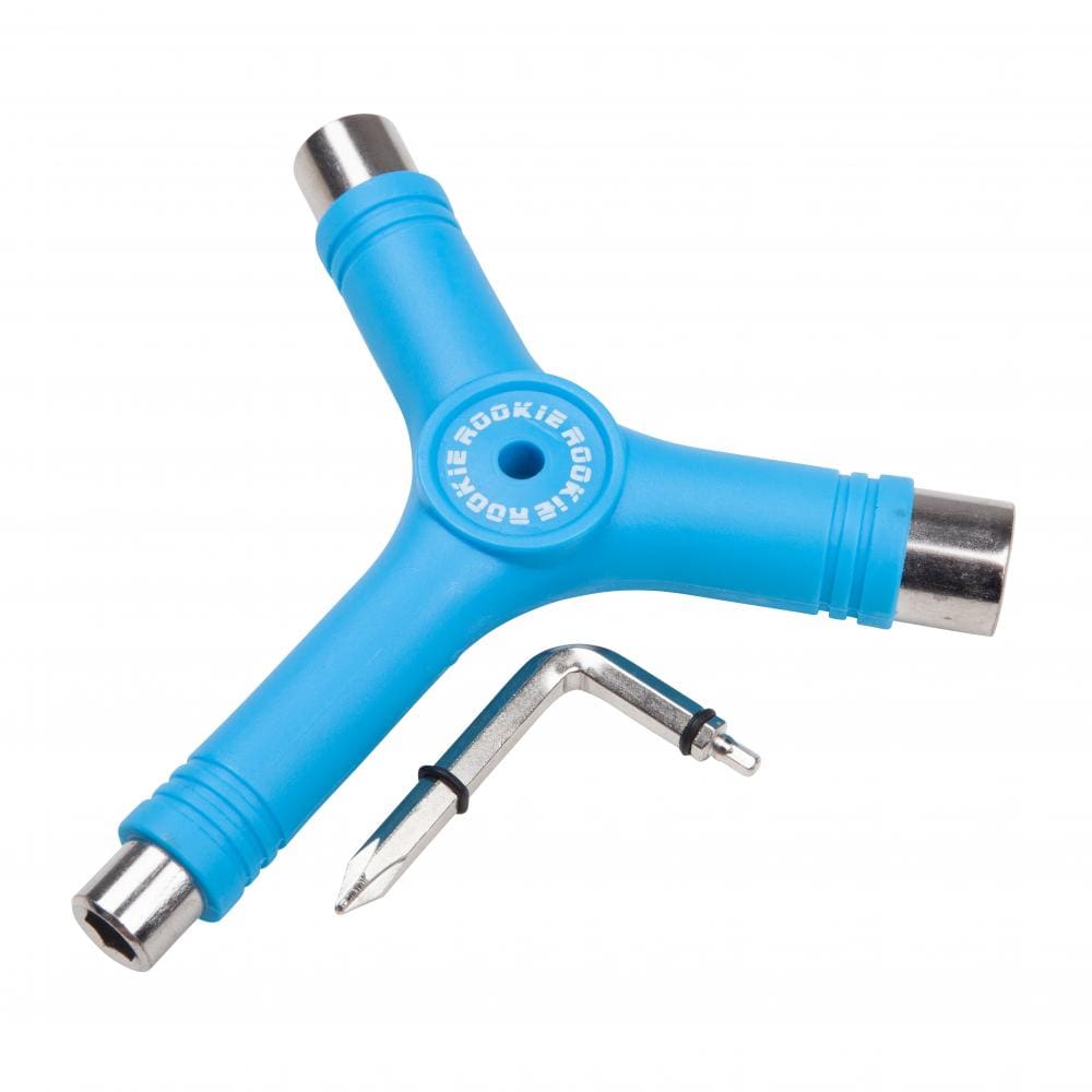 The Rookie Roller Skate Multi Tool - Blue by Rookie is a Y-shaped multitool specifically designed for maintaining roller skates. It features three sockets on each end and includes a detachable L-shaped tool with a screwdriver head for added convenience.