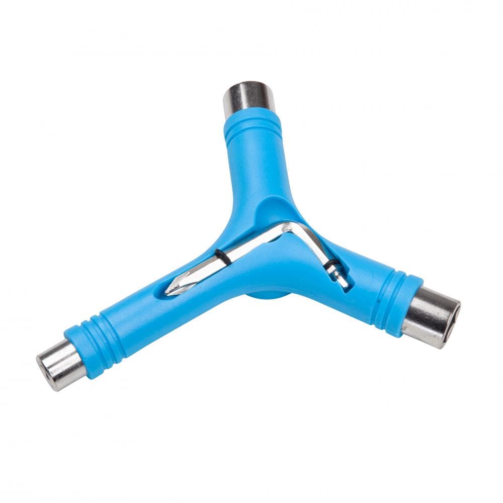 The Rookie Roller Skate Multi Tool - Blue by Rookie is a Y-shaped skateboard multitool in blue, featuring three metal sockets at each end and a small metal wrench in the center—ideal for roller skate maintenance.