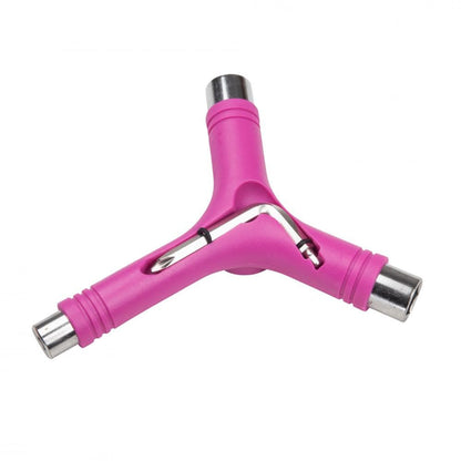 Introducing the Rookie Roller Skate Multi Tool in Pink by Rookie, a Y-shaped multitool designed for skateboards. It features three metal sockets at each end and includes a silver T-shaped wrench embedded in the center, making it perfect for all your maintenance needs.