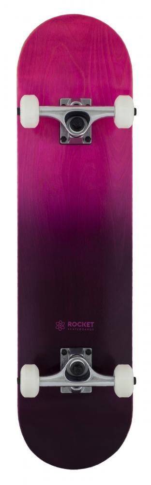 The Rocket Double Dipped Purple / Black Complete Skateboard, designed for beginner skaters, showcases a vibrant purple gradient 7-ply hardrock maple deck accompanied by white wheels and silver trucks, elegantly positioned vertically against a white backdrop.