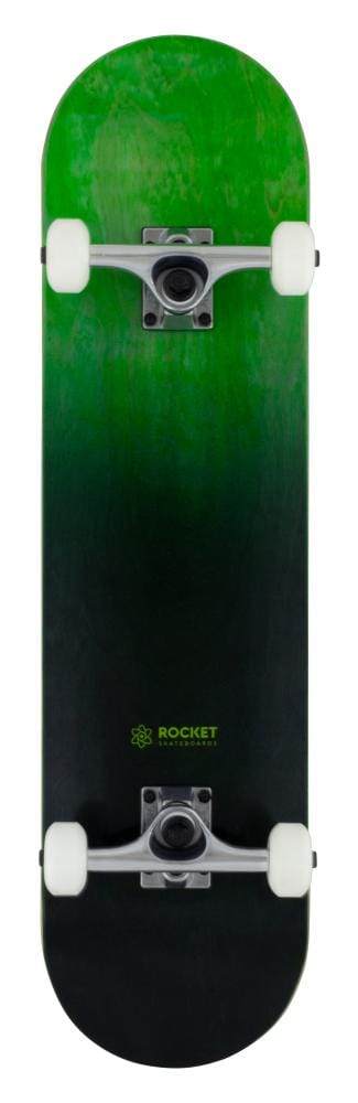 Introducing the Rocket Double Dipped Black / Green Complete Skateboard in 8" x 31". Designed with a stunning green and black gradient deck, crafted from durable 7-ply hardrock maple, it's ideal for beginner skaters. It features sleek white wheels and silver trucks, with the Rocket brand name prominently displayed.