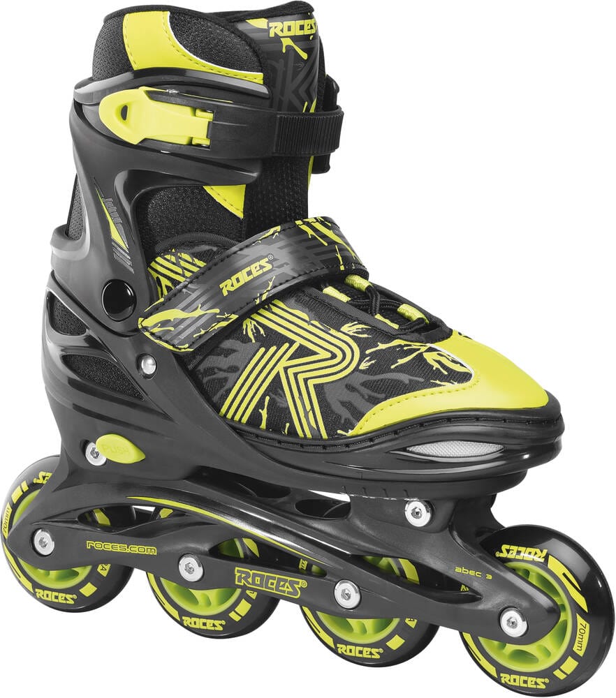 Introducing the Roces Jokey 3.0 Adjustable Inline Skates in Black and Lime, designed with adjustable straps for a secure fit. These beginner-friendly skates feature a high cuff design to provide excellent ankle support and a sleek aesthetic. Bold graphics and Roces branding adorn the chassis and boot, combining performance with stylish flair.