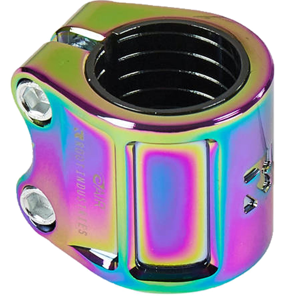 Introducing the Root Industries AIR 2 Bolt Oversized Stunt Scooter Clamp - Rocket Fuel Neochrome, a dazzling scooter clamp with a striking iridescent finish. Crafted for extreme performance, this lightweight clamp comes with two bolt holes for secure fastening and a glossy surface that stunningly reflects an array of colors.