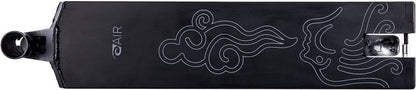 The Root Industries AIR V2 Black Stunt Scooter Deck, measuring 5.25" x 20.5", features intricate white line designs resembling clouds and has the word "AIR V2" printed vertically on the left side. This aluminium deck offers a sleek, minimalist look while being engineered for top-tier performance.