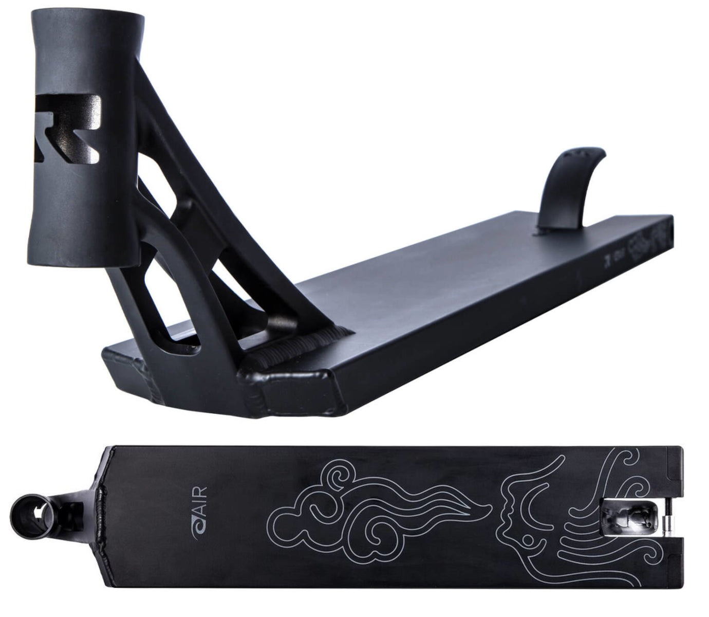 Presenting the Root Industries AIR V2 Black Stunt Scooter Deck - 5.25" x 20.5", expertly crafted from durable aluminum. This deck boasts a sleek, angular design with abstract cloud patterns on the underside and includes a curved rear brake along with an integrated head tube cutout for enhanced performance.