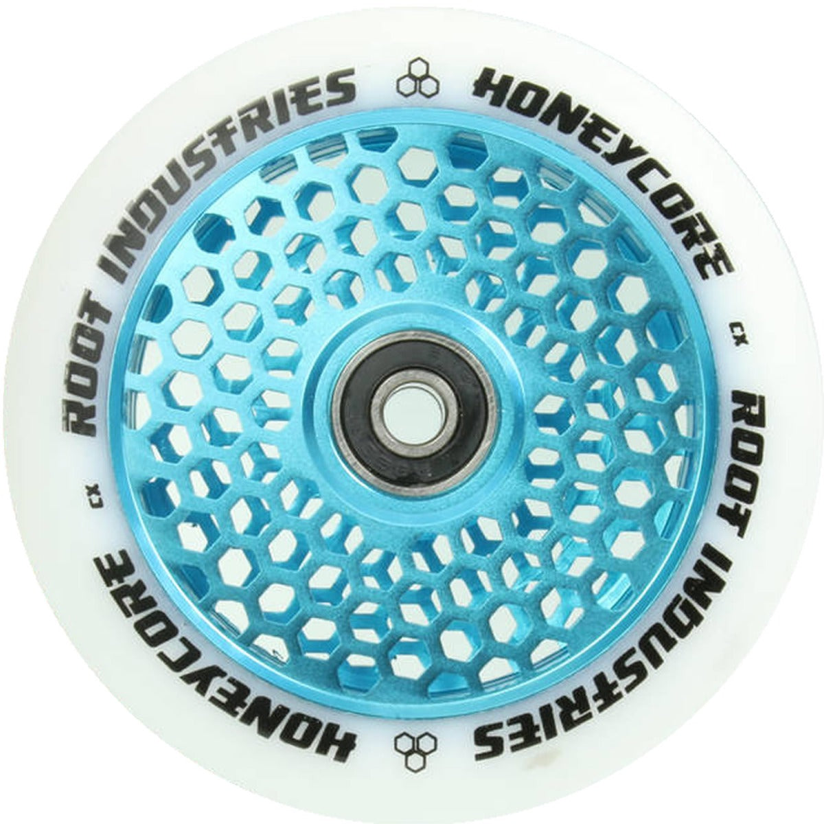 The Root Industries Honeycore 110mm Stunt Scooter Wheel in white and blue boasts a light blue honeycomb cut-out design with a white outer edge, featuring black lettering that displays the Root Industries brand name. This scooter wheel is also equipped with premium Root bearings to ensure a smooth ride.