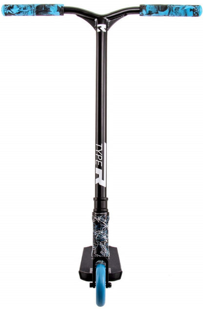 Introducing the Root Industries Type R Complete Stunt Scooter in Black, Blue, and White. This sleek scooter features blue grips and a distinctive blue front wheel. The "Type R" branding is elegantly displayed on the vertical stem, merging style with performance for thrill-seekers everywhere.