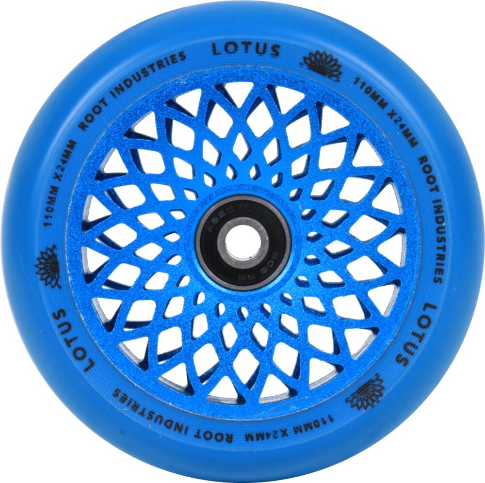 The Radiant Blue Root Industries Lotus 110mm Scooter Wheel features an intricate lattice-style design with the brand names "Lotus" and "Root Industries" elegantly written around its edge, making it ideal for freestyle scooter enthusiasts.