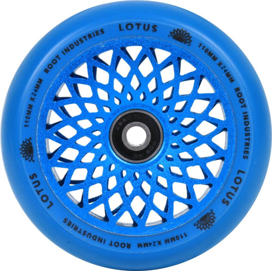 The Radiant Blue Root Industries Lotus 110mm Scooter Wheel features an intricate lattice-style design with the brand names "Lotus" and "Root Industries" elegantly written around its edge, making it ideal for freestyle scooter enthusiasts.