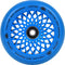 The Radiant Blue Root Industries Lotus 110mm Scooter Wheel features an intricate lattice-style design with the brand names "Lotus" and "Root Industries" elegantly written around its edge, making it ideal for freestyle scooter enthusiasts.