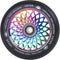 The Root Industries Lotus 110mm Scooter Wheel - Neochrome Rocket Fuel showcases a vibrant core with metallic rainbow hues, paired with a black tire. Designed for freestyle scootering, the geometric pattern on the inner core resembles a lotus flower and features "LOTUS" along with "ROOT INDUSTRIES" on the tire.