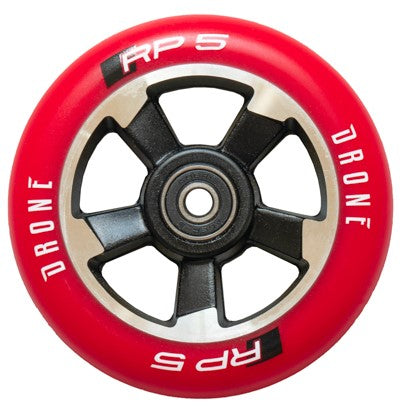 The Drone RP5 Reece Prince Signature 110mm Stunt Scooter Wheel in Black/Red, prominently displays the "Drone RP 5" text, with a stylish black hub and silver spokes. It features an Aluminium Core and is equipped with ABEC 7 Bearings.