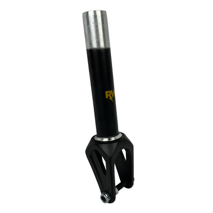 The Nitro Circus Ryan Williams Signature SCS Stunt Scooter Fork in black boasts a sleek design with a single bolt at the base and is adorned with a gold "RW" logo near the top—ideal for any action sports enthusiast.