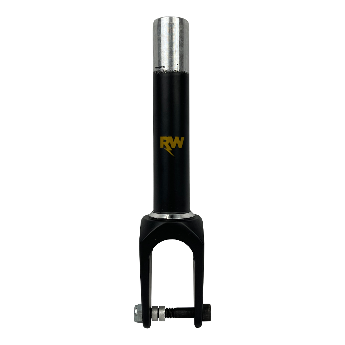 The Nitro Circus Ryan Williams Signature SCS Stunt Scooter Fork in black and silver features a subtle gold "RW" logo. Perfect for action sports fans, this sleek fork, which includes a bolt and nut at the bottom, epitomizes the distinctive style of Nitro Circus while standing upright against a plain white background.