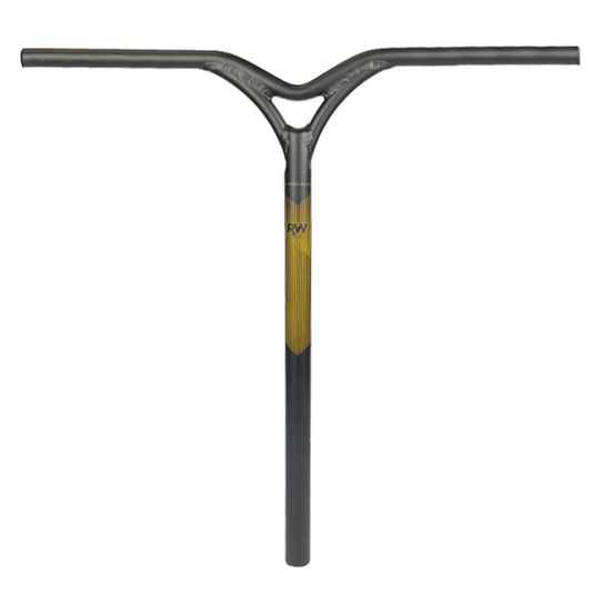 The Nitro Circus Ryan Williams Signature Aluminium SCS Stunt Scooter Bars are presented with a matte black Y-shaped design adorned with a central logo, incorporating robust Hex-Tech construction, all displayed against a plain white backdrop.