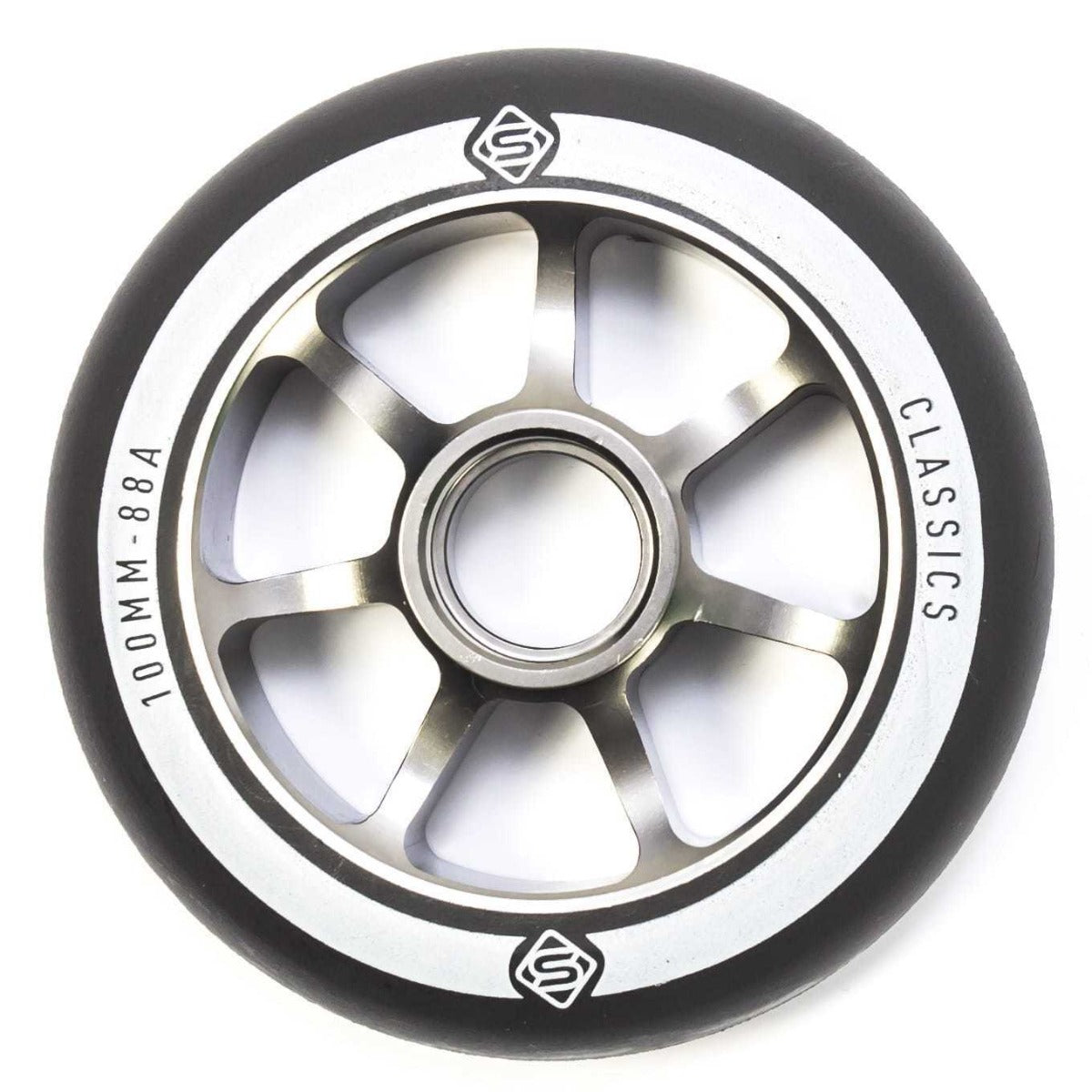 A close-up of a gun metal stunt scooter wheel with multiple spokes. The high-quality wheel's rim is labeled "120mm 88A" on the left and "CLASSIC" on the right. The metal core hub features a small logo at the top and bottom.