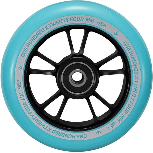 A teal inline skate wheel featuring a black hub and spokes, reminiscent of sleek scooter wheels. The rim is inscribed with "ONE HUNDRED X TWENTY FOUR MM 86A," capturing the precision that Blunt Envy enthusiasts have come to expect from every 100mm wheel design.