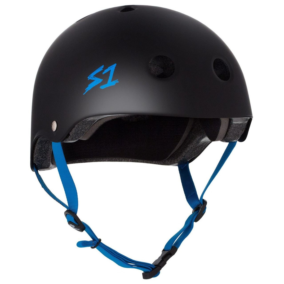 The S1 Lifer Skate / Scooter Helmet in Matt Black and Cyan is a protective headgear featuring a cyan "S1" logo on the side. It is designed with multiple ventilation holes and equipped with adjustable cyan straps and a buckle for secure fitting. The interior includes EPS Fusion Foam padding for enhanced comfort and protection.